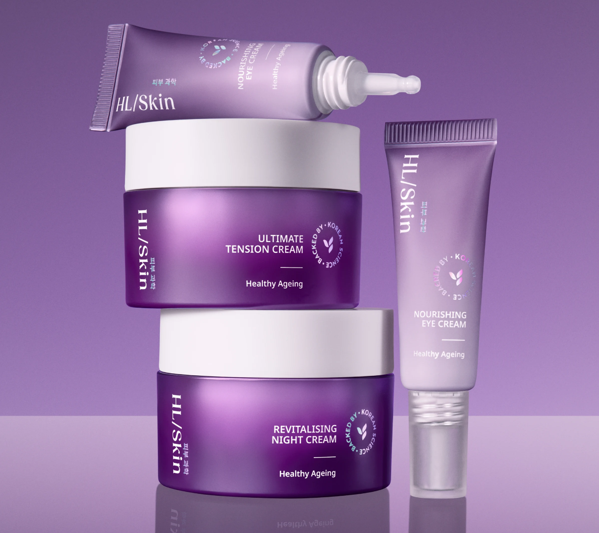 Stack of HL Skin purple skincare containers: night cream and tension cream with a tube on the right for nourishing eye cream, all on a purple background (advertising anti-ageing).
